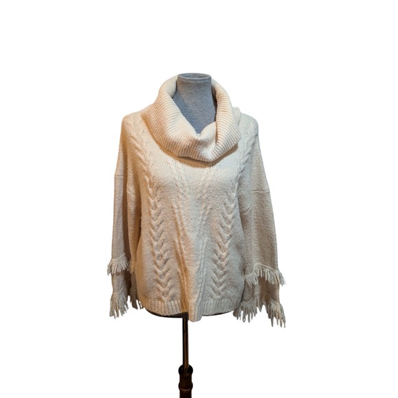 Vintage America XL Beige Cable Knit Fringe Cowl Neck Fisherman Sweater Boho - Picture 1 of 8